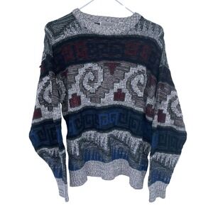 Vintage 90s Method Geometric‎ Striped Pattern Knit Crewneck Sweater Large Women